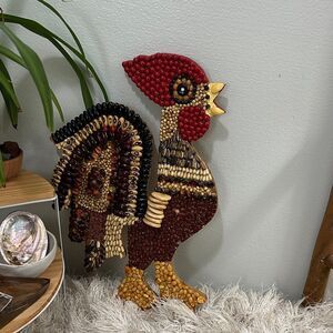 Vintage Mosaic Folk Art Handmade Rooster Seed Bean Wood Cutout Wall Decor